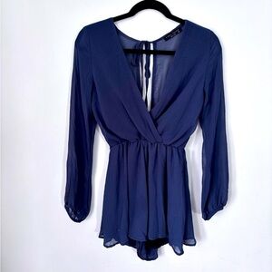 Final Touch Women’s Made in USA Sheer Lined Long Sleeve Denim Blue Romper Size S